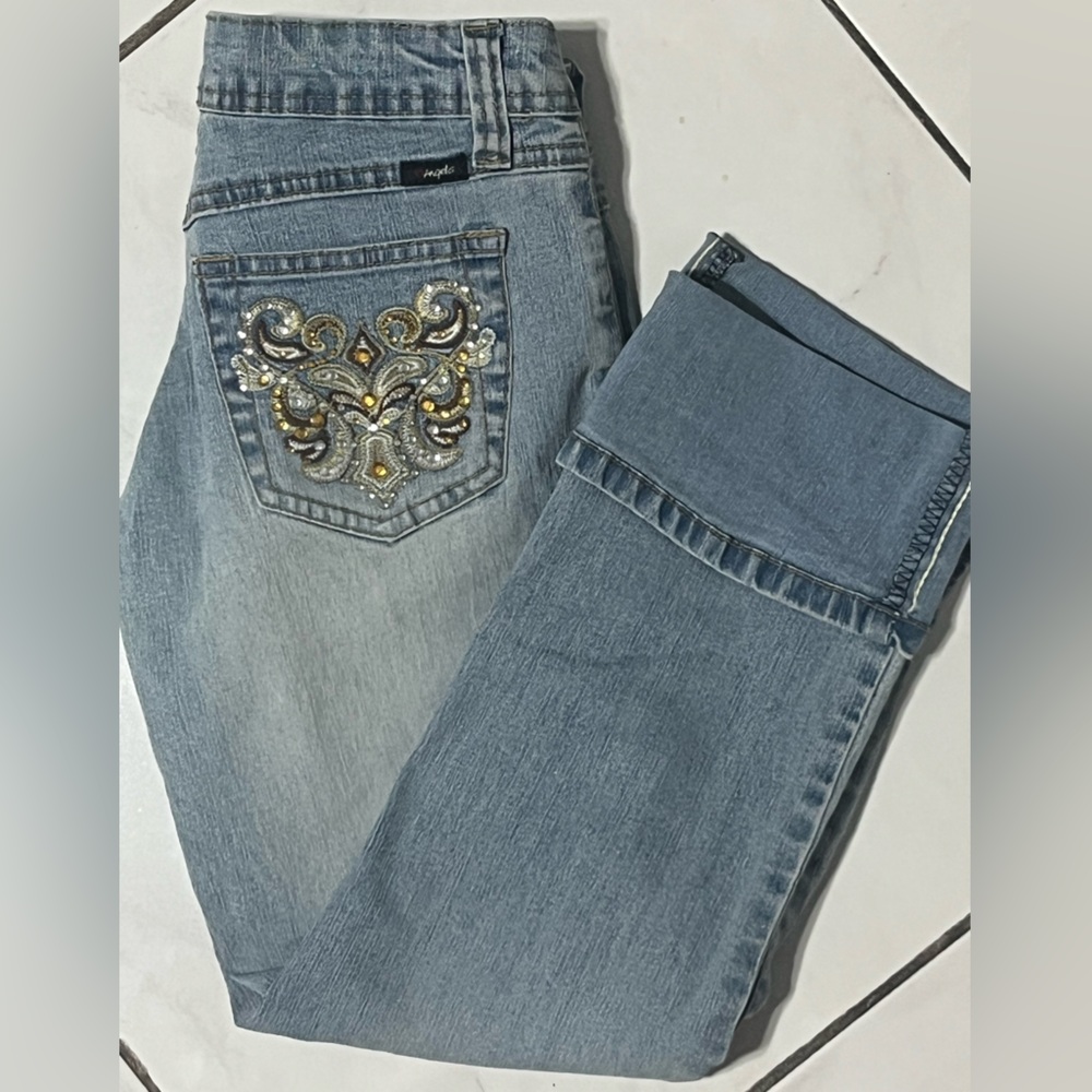 Angels Jeans Stretch Hipster cropped capri cuff light Denim gold crystal design